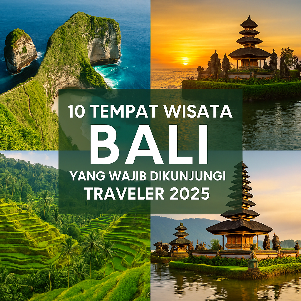 Kolase realistis wisata Bali 2025 dengan Pantai Kelingking, Pura Uluwatu saat matahari terbenam, Tegallalang Rice Terrace, dan Pura Ulun Danu Beratan dengan teks Yantarny Travel – Wisata Bali 2025.