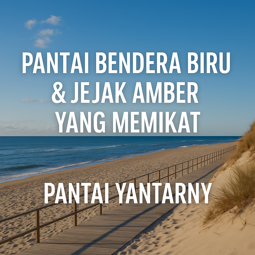 Pemandangan Pantai Yantarny di Kaliningrad dengan pasir putih, laut biru, promenade kayu, dan langit cerah bertuliskan “Pantai Bendera Biru & Jejak Amber yang Memikat”.