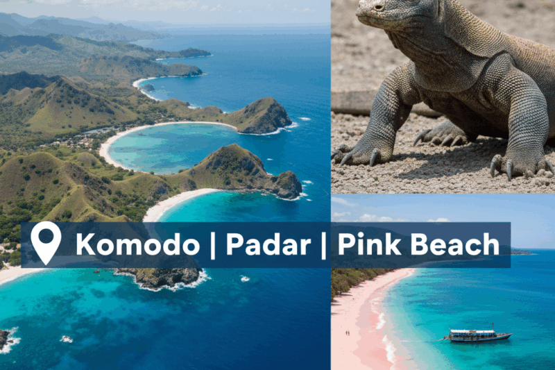 Kolase 4 foto Labuan Bajo: Pemandangan bukit hijau dan laut dari Pulau Padar, Komodo Dragon berjalan, perahu di lautan biru jernih, dan pasir merah muda (Pink Beach). Terdapat tulisan "Itinerary Labuan Bajo 4 Hari 3 Malam: Komodo | Padar | Pink Beach