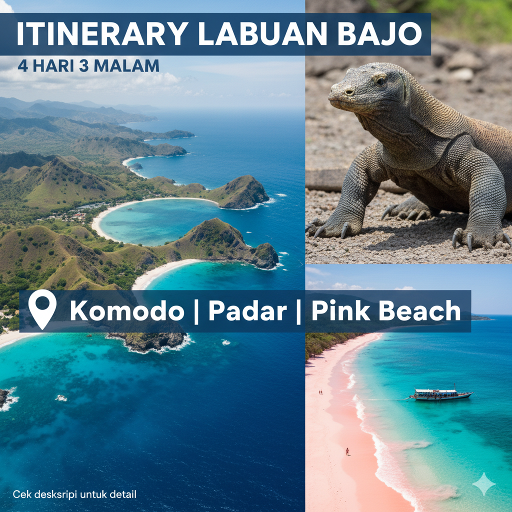 Kolase 4 foto Labuan Bajo: Pemandangan bukit hijau dan laut dari Pulau Padar, Komodo Dragon berjalan, perahu di lautan biru jernih, dan pasir merah muda (Pink Beach). Terdapat tulisan "Itinerary Labuan Bajo 4 Hari 3 Malam: Komodo | Padar | Pink Beach