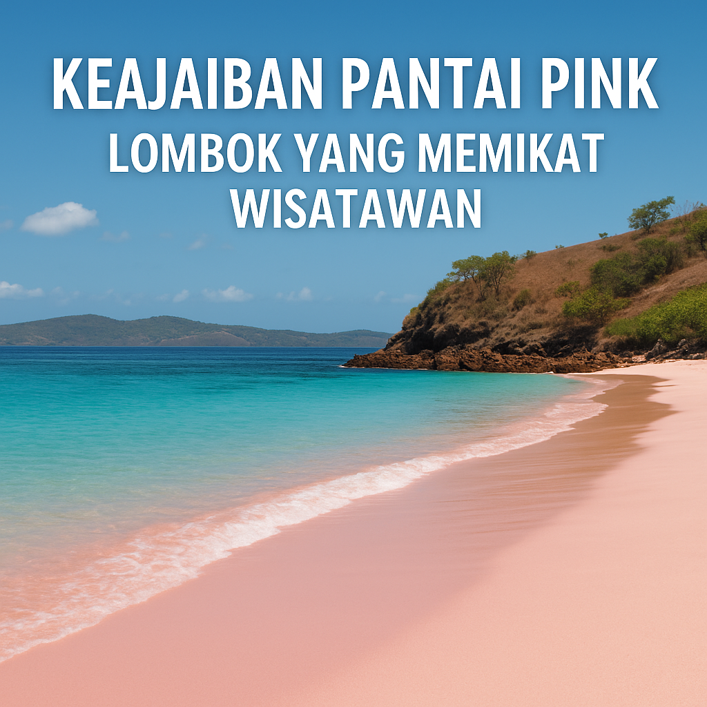 “Pemandangan Pantai Pink Lombok dengan pasir merah muda, air laut biru toska, dan bukit hijau di tepi pantai pada siang hari.”