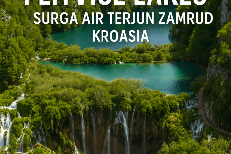 Pemandangan Plitvice Lakes Kroasia dengan danau zamrud dan air terjun bertingkat dari atas.