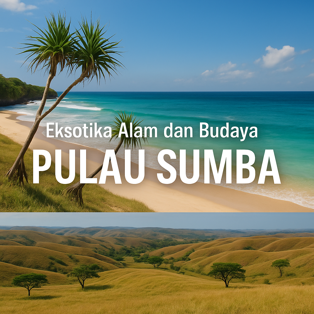 Pemandangan pantai dan savana di Pulau Sumba dengan teks “Eksotika Alam dan Budaya Pulau Sumba”.