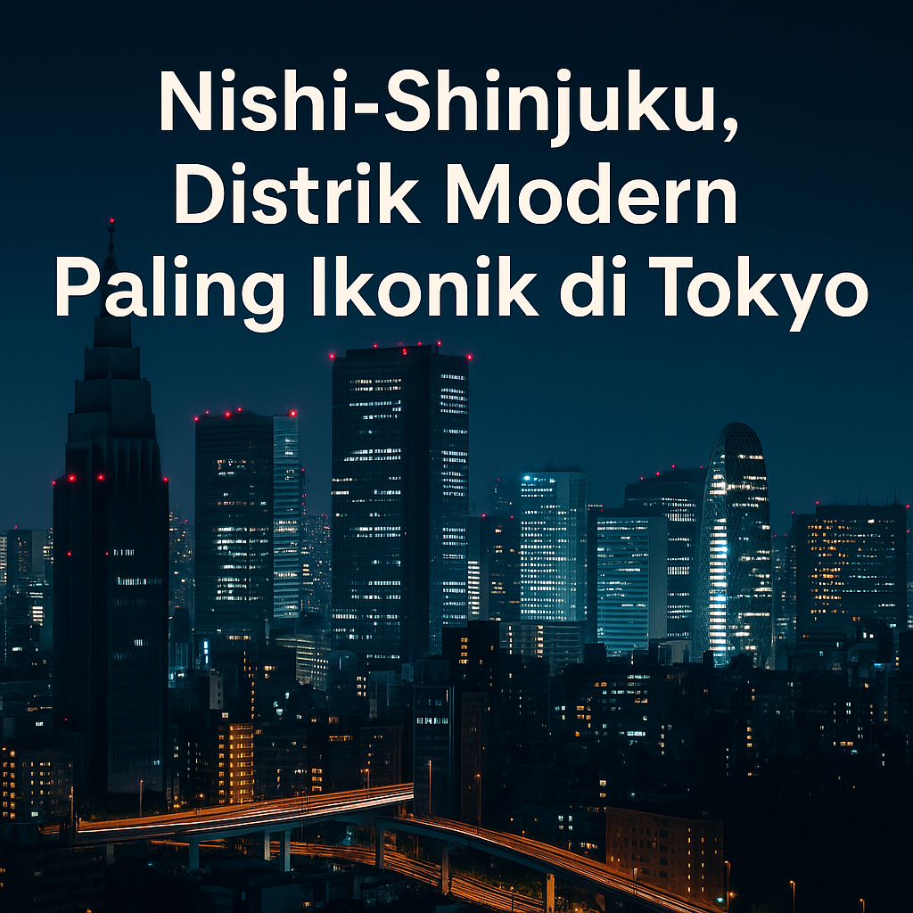 Pemandangan malam Nishi-Shinjuku dengan deretan gedung tinggi dan cahaya kota Tokyo yang futuristik.